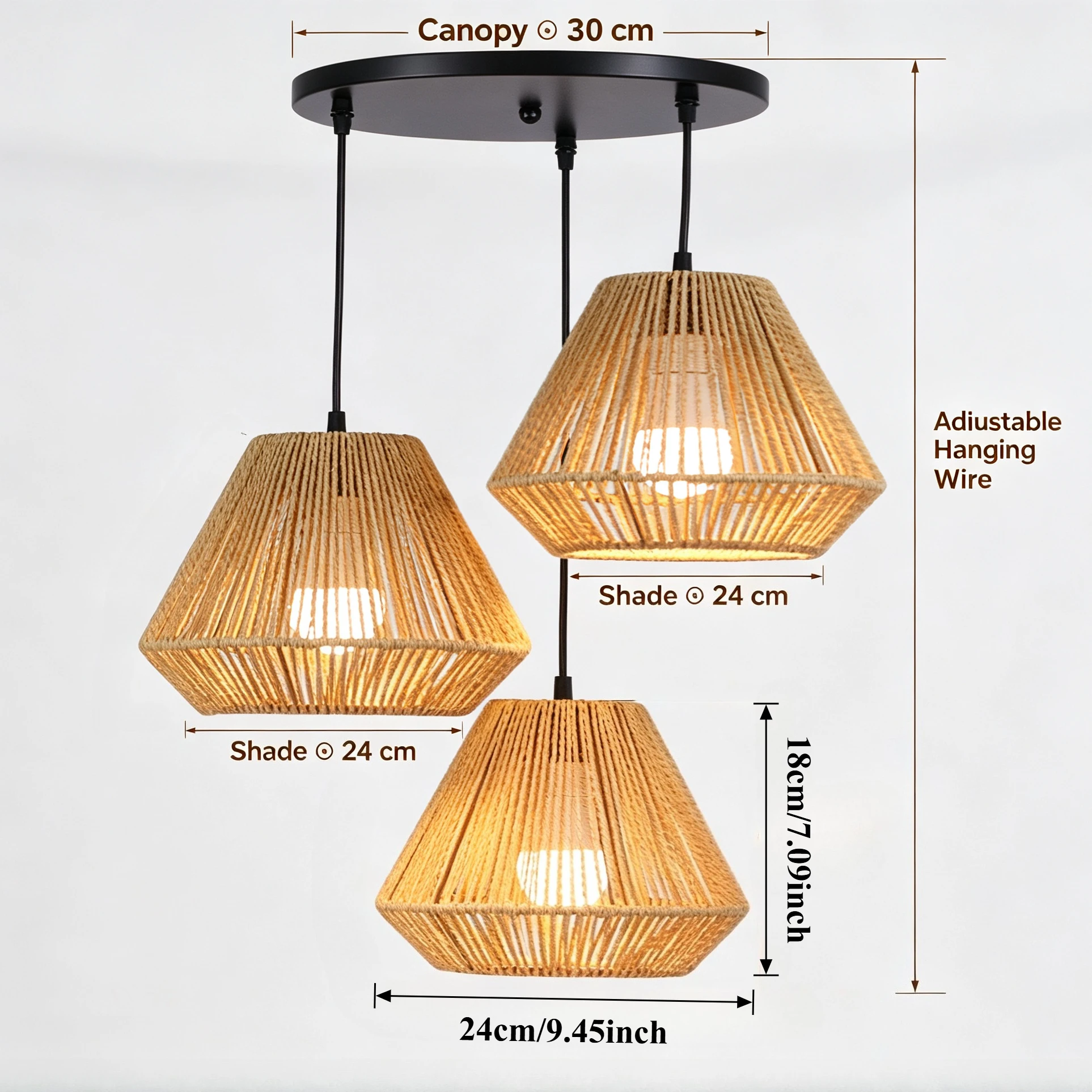 JOYINLED 3-Light Paper Rope Pendant Light, Handwoven Boho Ceiling Fixture, 24cm Shades, E26/E27 Socket for Dining Room Decor