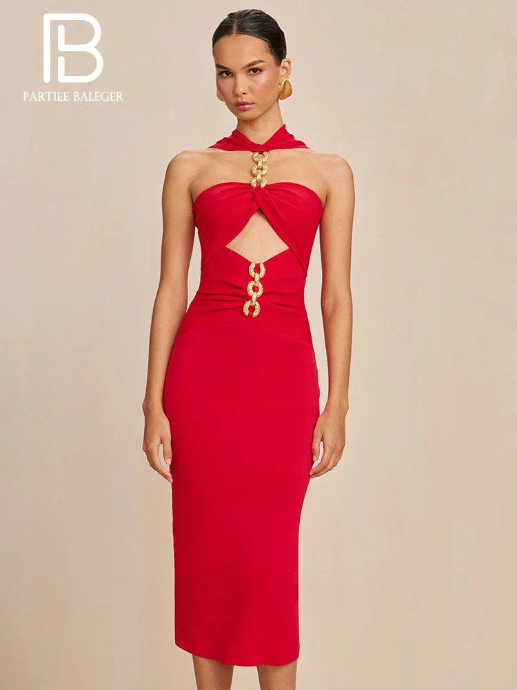 

PB 2024 High Quality Red Bandage Midi Dress Summer Sexy Diamond Metal Sleeveless Hollow Out Elegant Gowns