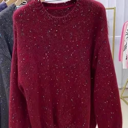 Nuovo maglione di cachemire con paillettes moda coreana donna Vintage o-collo manica lunga Casual Pullover lavorato a maglia con fondo allentato Top femminile