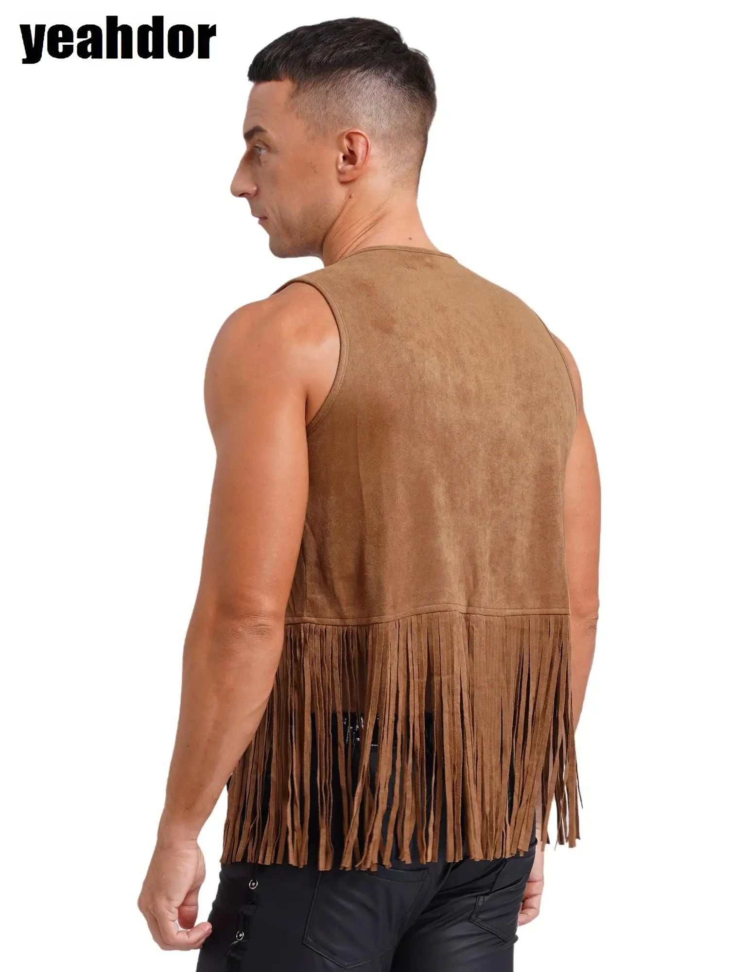 

Men Western Cowboy Costume Open Front Faux Suede Tassel Vest And Hollow-out Crotch Fringe Pants Halloween Cosplay Cowboy Outfits