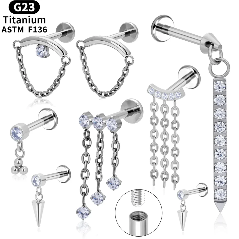 ASTM F136 tytanowy kolczyk z frędzlami 16G z frędzlami kolczyk CZ Helix chrząstki Conch Labret warg płaskie plecy Piercing biżuteria do ciała klasyki