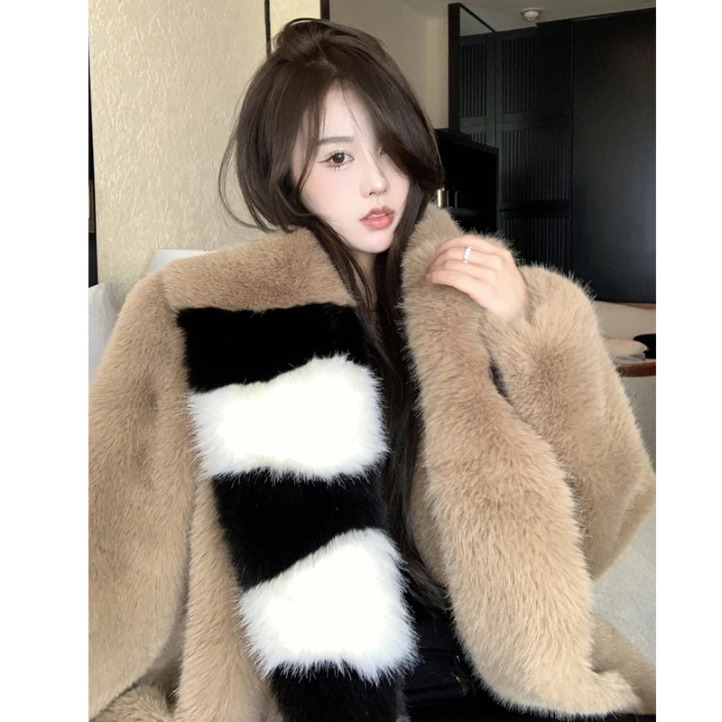 Chic Mulheres Faux Mink Bomber Jacket Inverno Espessamento Listrado Faux Fur Fur Furry Cardigan Turn Down Collar Tops fofo Casaco Parka