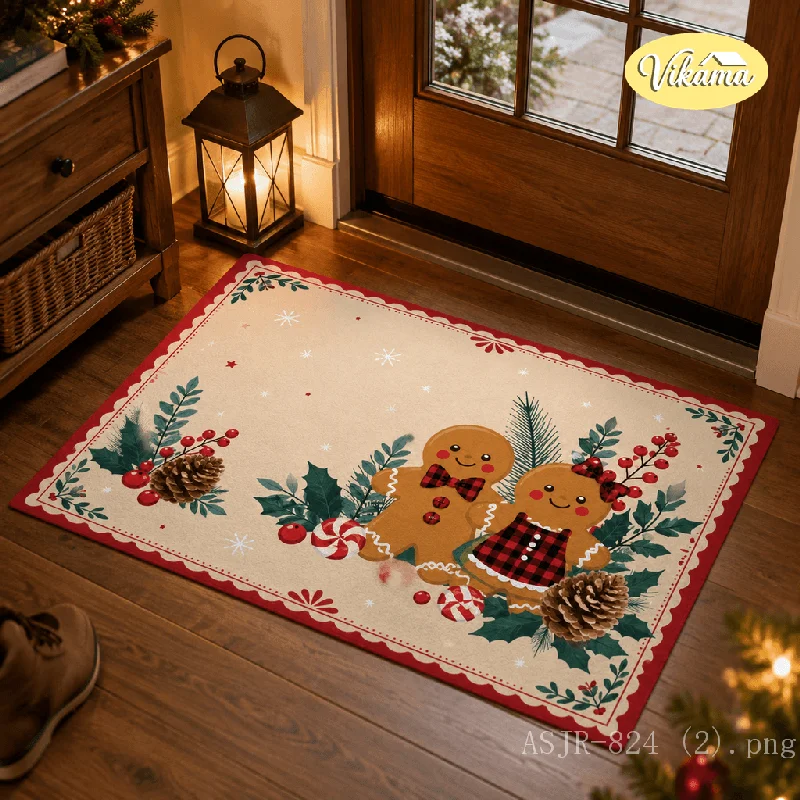 VIKAMA Christmas Gingerbread Man Doormat Non Slip Welcome Floor Mat for Front Door Living Room Holiday Home Decor