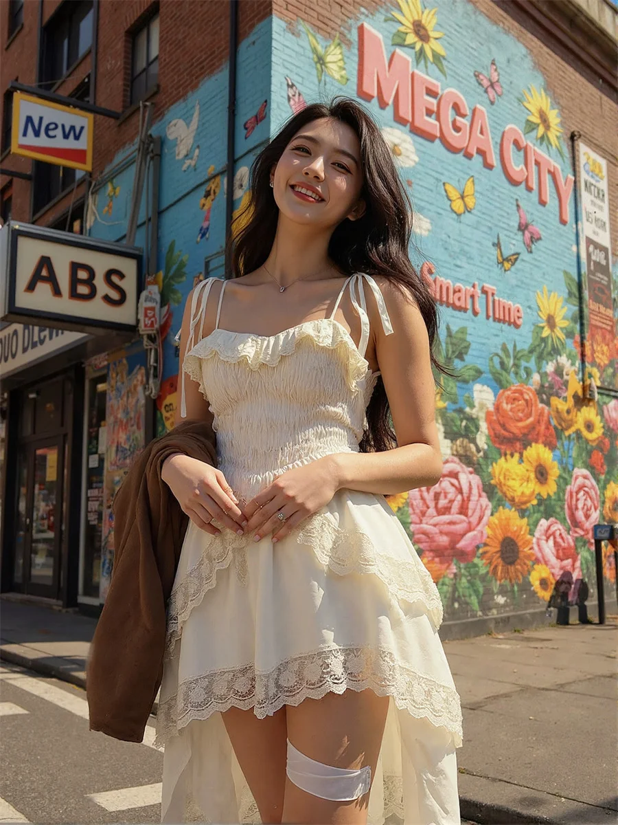 Women'S Dress A-Line Lace-Up Flounced Edge Crochet Lace Sheer Transparent Illusion Detail Feminine Sweet Romantic Delicate