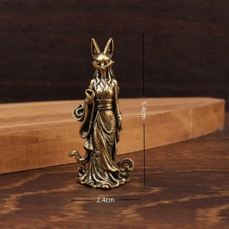 Vintage Brass Kitsune Fox Fairy Statue Mini Collectible Craft Desktop Ornament for Workstation Decor Unique Gift for Fox Lovers