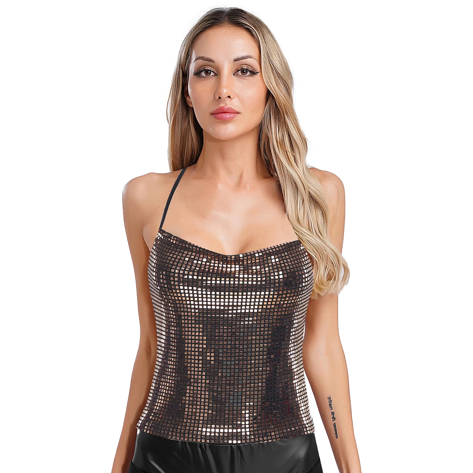 

Womens Stylish High Street Sequin Crop Vest Halter Cowl Neck Backless Crop Tops Sparkly Tank Top for Club Party Festivals