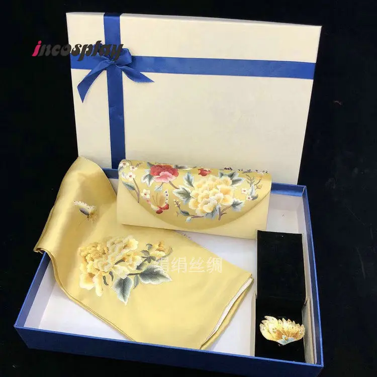 Chinese Embroidery Silk Scarf, Scarf Buckle & Evening Clutch 3Pcs Gift Box Set, Exquisite Luxury Present view 2