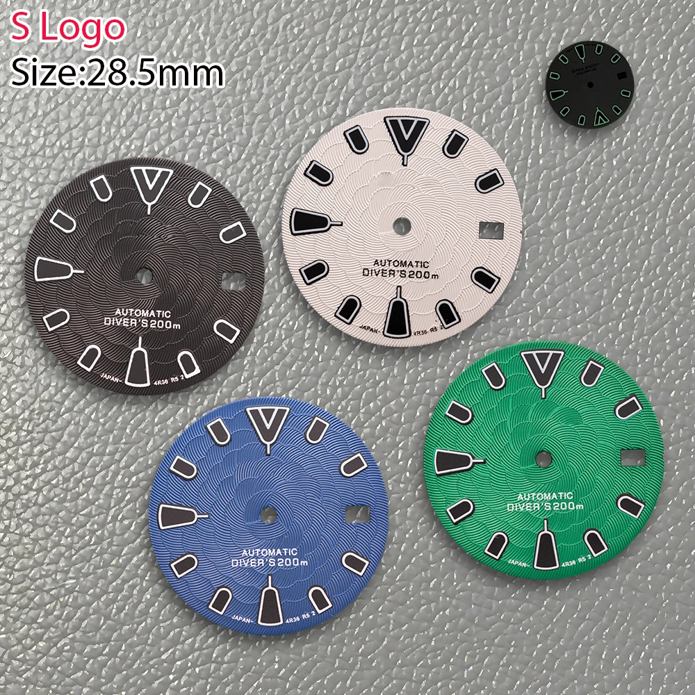 Nuovo logo S da 28,5 mm quadrante fiore di loto verde nottilucenti adatto per movimento NH35/NH36 accessori per la modifica dell'orologio di vendita calda