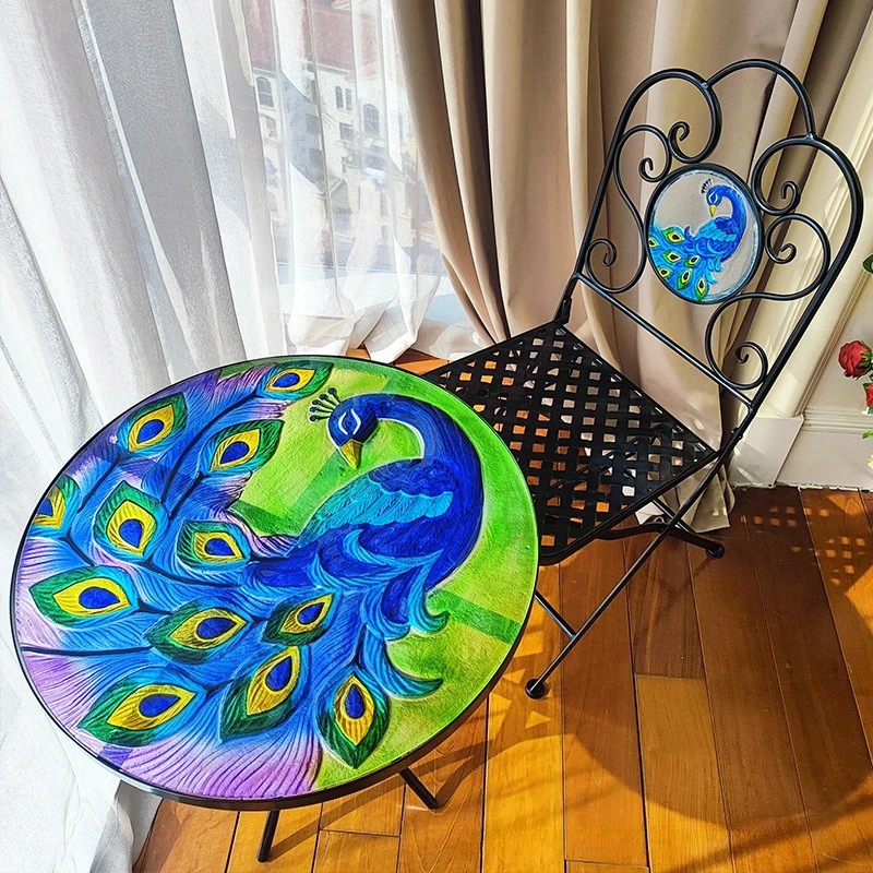 Blue-green peacock glass wrought iron coffee table, retro American outdoor living room decoration ornament