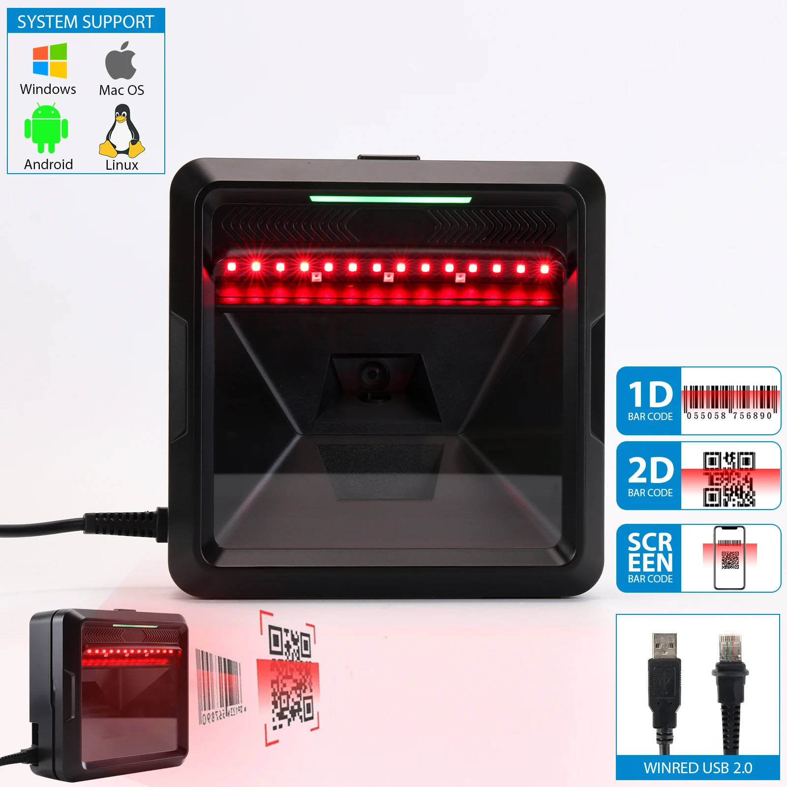 USB Desktop Barcode Scanner with 1D/2D Platform Works with Win Android IOS Tablets Computers Command Triggered