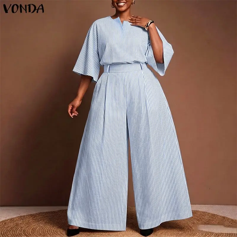 VONDA Summer Autumn Women Plus Size Sets Fashion Striped Pants Sets 3/4 Sleeve Tops Wide Leg Pants Long Trousers 2PCS Oversize
