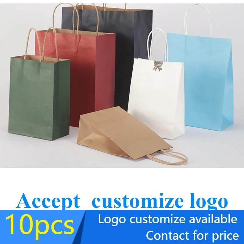 

10 pcs Kraft Paper Bag with Handles Solid Color Gift Packing Bags for Store Clothes Wedding Christmas Supplies Handbags Kit