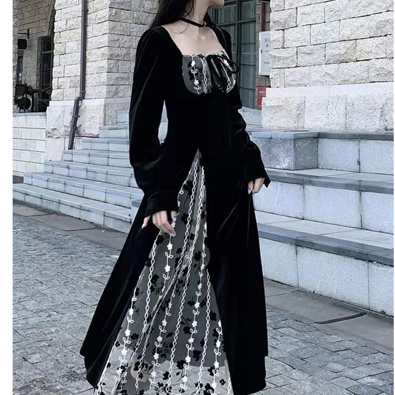 

2024 Fashion Women's Clothing Dark Rose Dress Spring Autumn Elegant Stitching Dress Black D1702