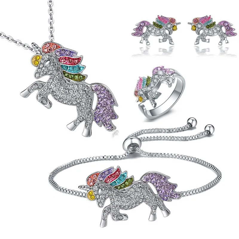 Unique Crystal Unicorn Rings Necklace Bracelet Earrings Jewelry Set for Girls Cute Cartoon Rainbow Horse Accessories Jewelry