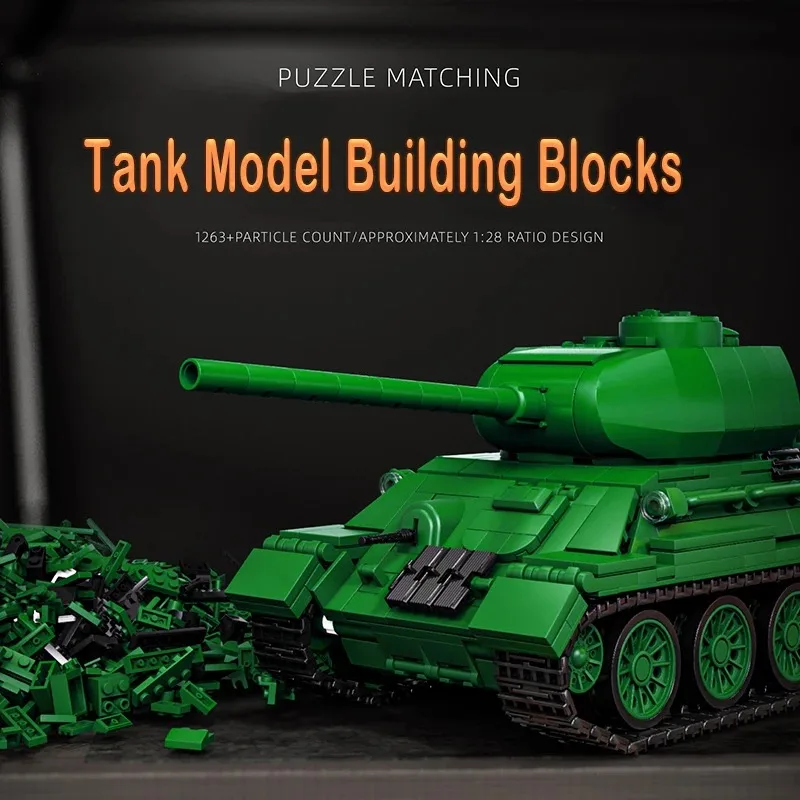 

T34-85 Tank Model Kit - 1263PCS WWII Soviet Design, 360° Turret Rotation, Quick-Snap Modules, Interior & Minifigure, MOC/DIY