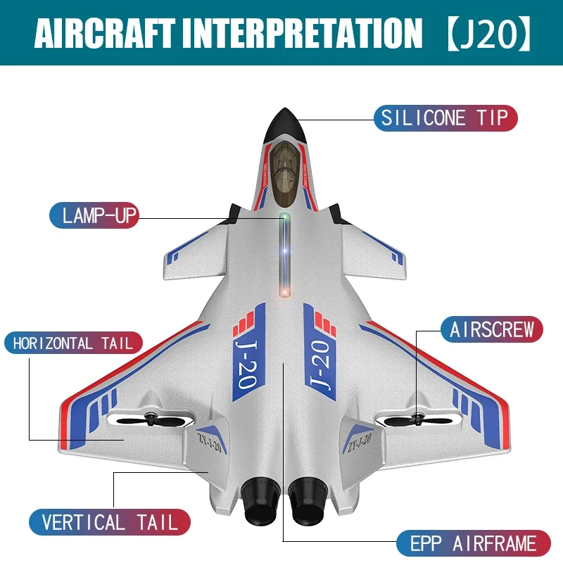 Controle Remoto Fighter Toy for Children, caça elétrico, modelo de aeronave, resistente à queda, fácil, Student, J-20