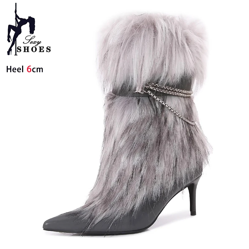 

Furry Pointed Toe Boots Women 10CM Stiletto Heels Fluffy Faux Fur Stylish Chain Spring Autumn Shoes Female Elegant Ankle Boots
