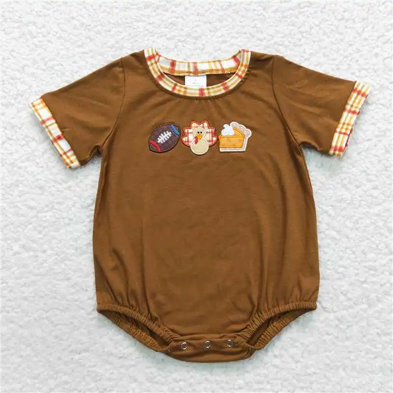 Wholesale Thanksgiving western boutique newborn toddler Baby Boys Embroidered Turkey khaki border checkered short-sleeved onesie