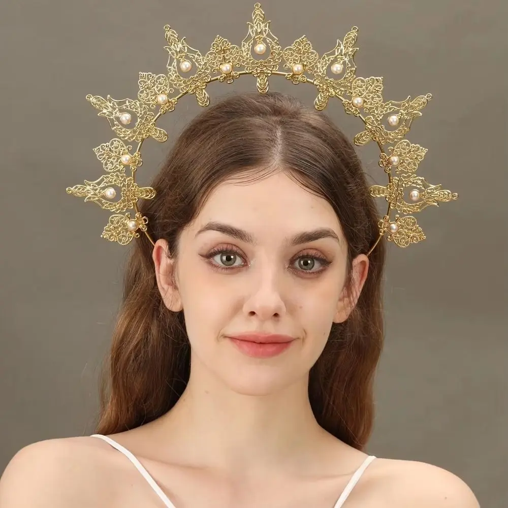 Alloy Pearl Crown Floral Filigree Draped Pearl Chains Ornate Tiara Faux Pearl Gold or Silver Finish Crown Headpiece
