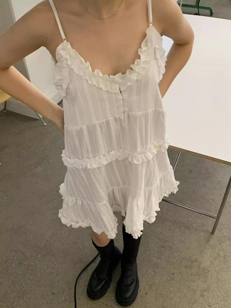 REDDACHiC Solid White Frill Trim V Neck Mini Dress Women Summer Casual Sheer Lace Ruffle Layered Dress One-piece Vintage Clothes