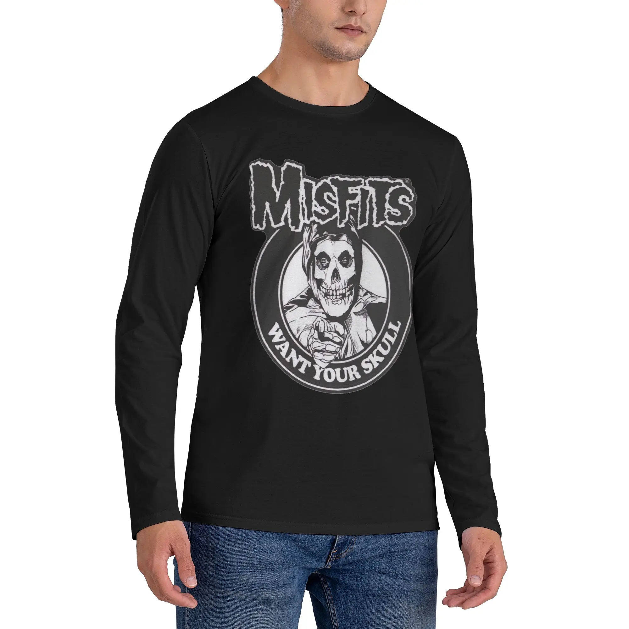 

Misfits Skull Men's Long Sleeved T-shirt Breathable Round Neck T shirts Spring and Autumn Men tops