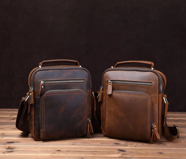 

Retro business top-grain cowhide men's crazy horse leather single-shoulder bag, 10-inch genuine leather crossbody bag