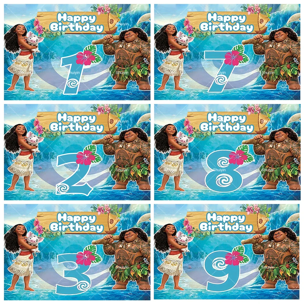 

Cartoon Disney Moana Backdrop Children's Happy Birthday Party Decor Supplies Baby Shower Customized Banner Background Photo Prop