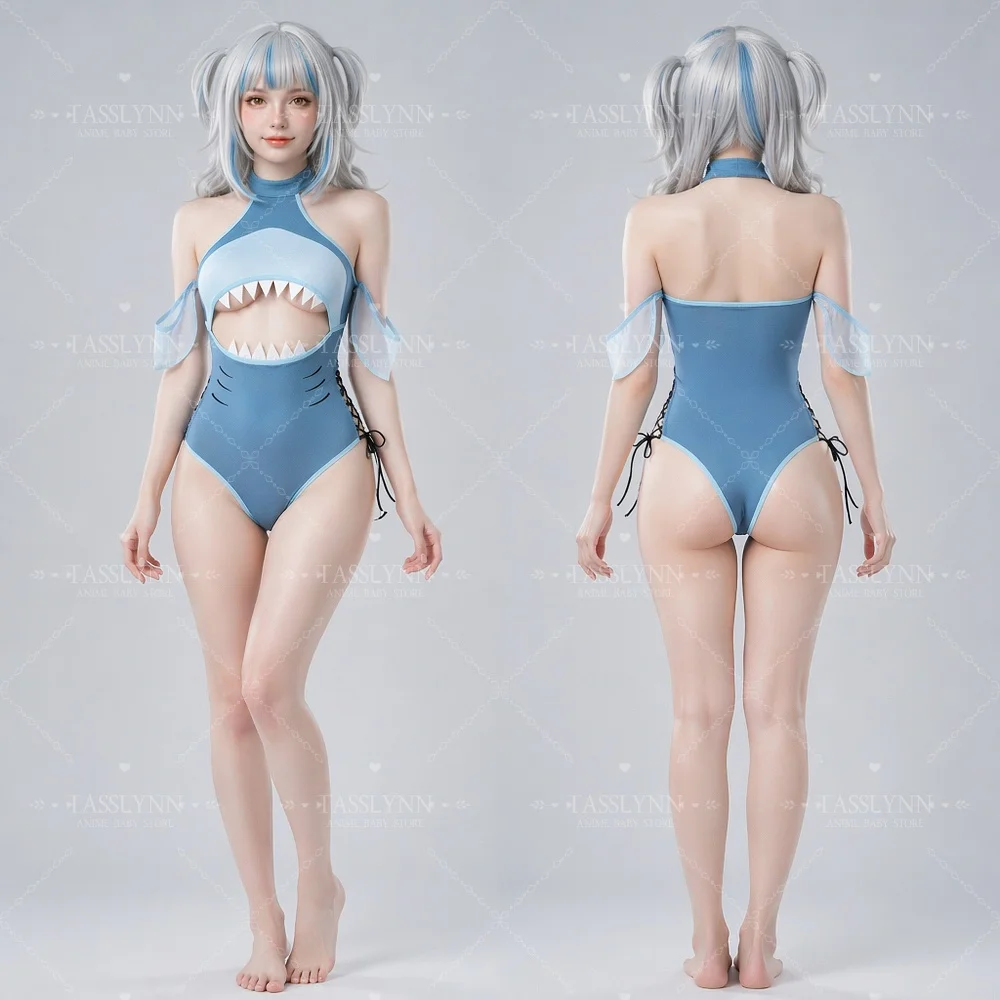 Traje de Cosplay de Hololive EN Gawr Gura, Traje de Baño de Una Pieza con Recortes de Tiburón en Degradado Azul, Disfraz de Vtuber para Comic Con y Sesiones de Fotos en la Piscina