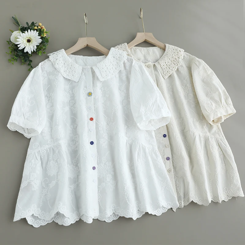 

Japanese Sweet Mori Girl Crochet Embroidery Jacquard Cotton Shirts Women Summer Kawaii Peter Pan Collar Short Sleeve Blouse Tops