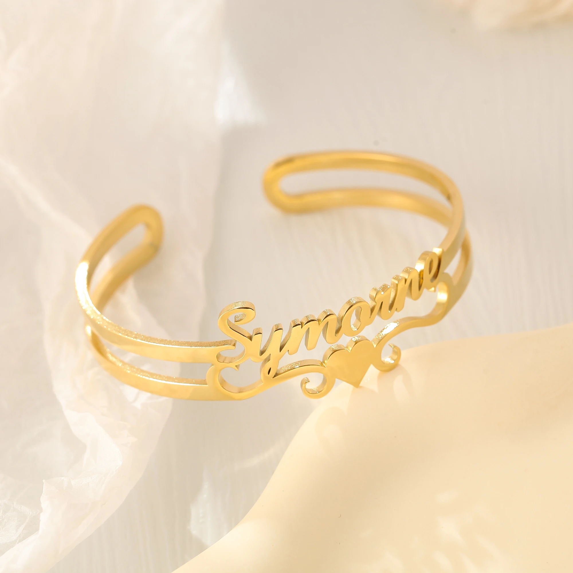 Gold Heart Customized Name Bangle For Girlfriend Personalized Nameplate Bangle Jewelry Birthday Wedding Gift