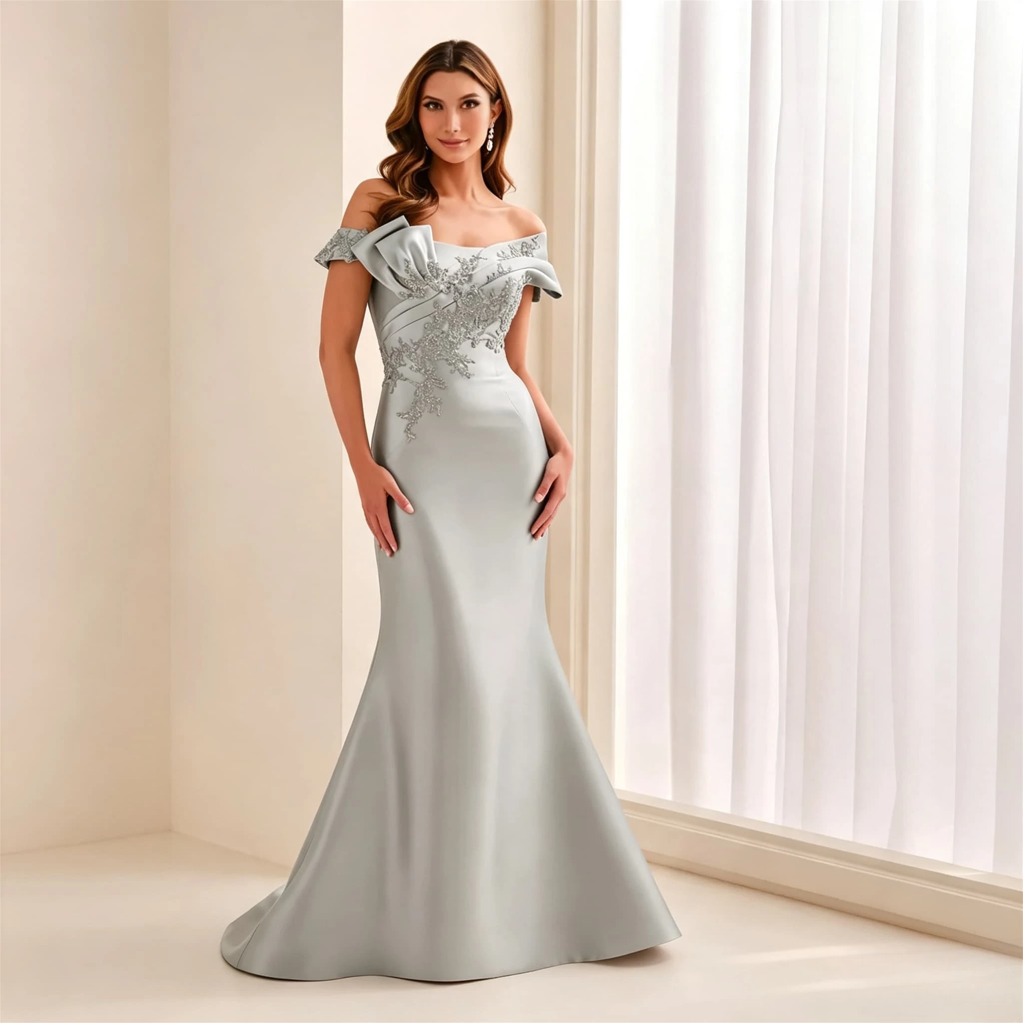 Customized Mermaid Evening Dress Off Shoulder Ruffle Sleeve Lace Beaded Appliques Satin Floor Length Formal Wedding Guest Gown