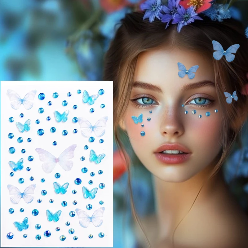 

1Pcs Sparkling Butterfly Face Gems Dazzling Rhinestone Makeup Stickers Eye & Facial Accents Purple & Blue for Stage-Ready Glam