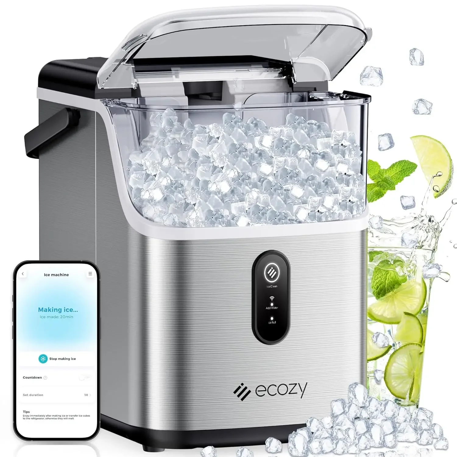 Smart Nugget Ice Maker Countertop, Pebble Ice Maker with 35lbs/24H Soft Chewable Ice, Self-Cleaning Ice Machine with Voice