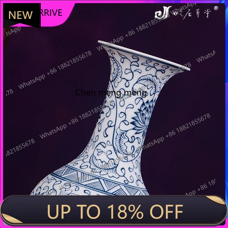 C88 Hand painted blue and white tangled lotus fish tail bottle Jingdezhen ceramic small vase blue and white porcelain