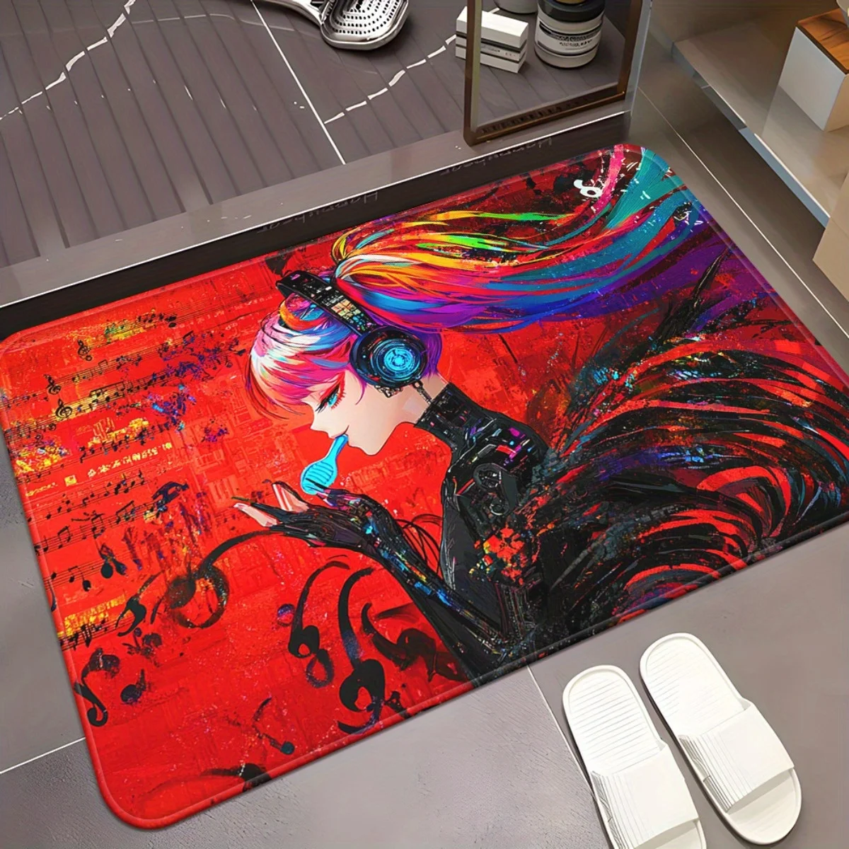 1pc Vibrant Anime-Style Figure with Colorful Hair & Headphones Design Non-Slip Door Mat – Durable, Absorbent Microfiber, Machine