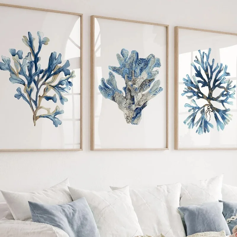 3PCS Large-sized frameless canvas paintings,Watercolor Blue Coral Canvas Wall Art – Coastal Nautical Printing for Serene Home De
