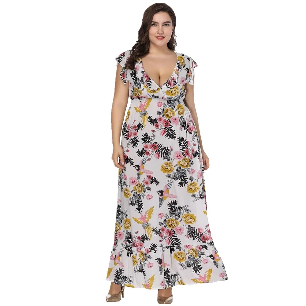 Plus Size Short Sleeve V Neck Floral Print Maxi Long Beach Dresses For Women