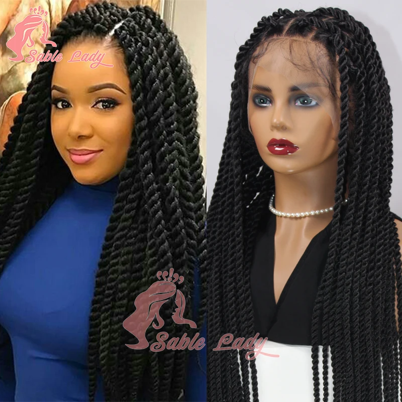 Peruca Sintética Full Lace Braid Goddess para mulheres negras, peruca de torção sem nós, tranças Jumbo Box, tranças senegalesas trançadas peruca, 36"