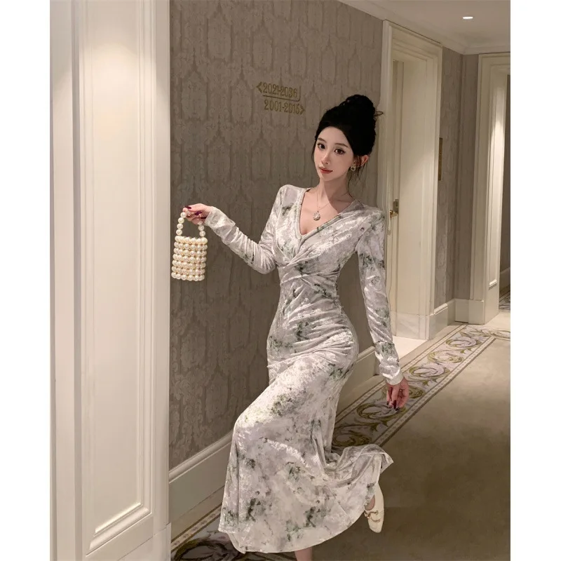 ヴィンテージ V ネック プリント クロスノット グリーン ベルベット ボディコン ミディドレス エレガント スリム パーティー プロム ドレス 女性用イブニングガウン