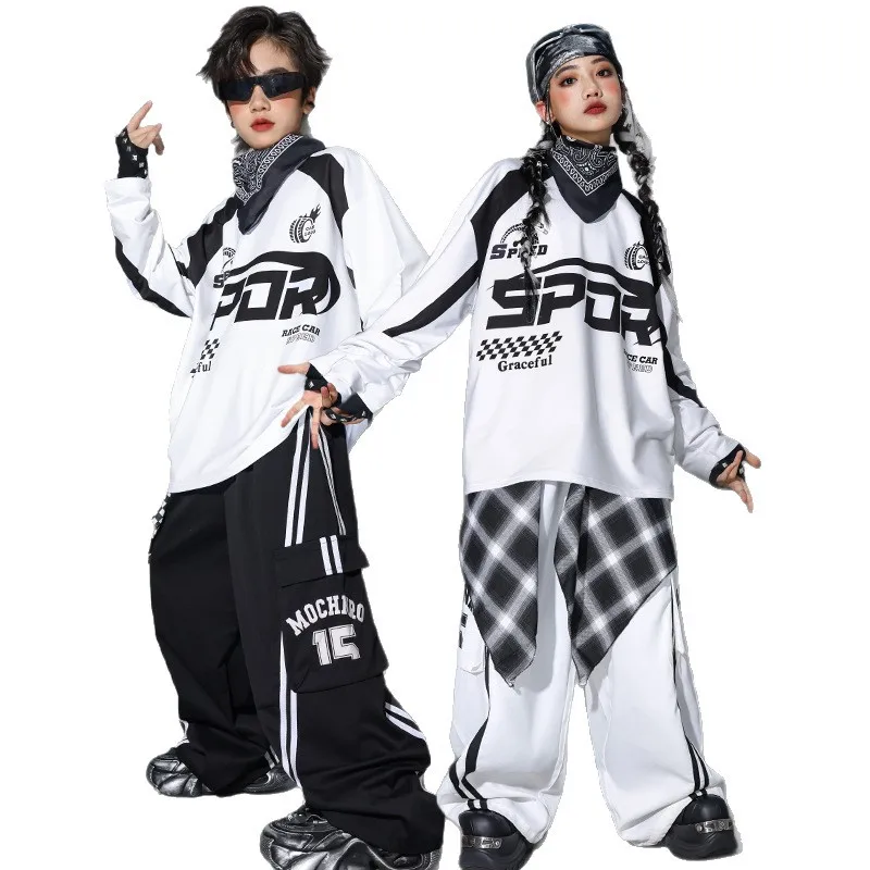 Children Hip Hop Costume Black White Dance Show Clothing Oversize Top Urban Dance Pants Girls Boys Fashion Jazz Outfit
