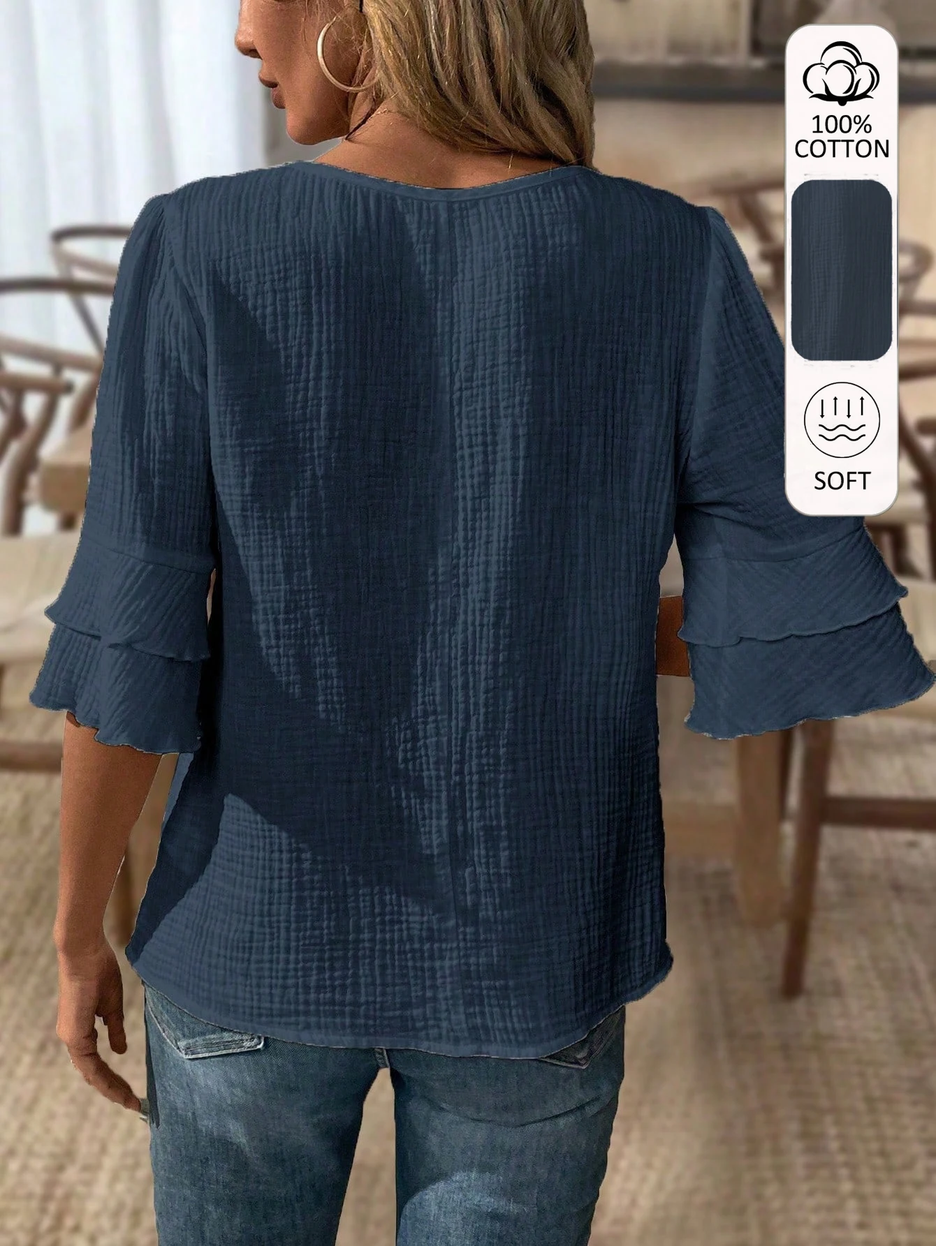 1 100% Baumwolle Lässiges Damen-T-Shirt, Das Design Mit Mehrschichtigen Ärmeln Ist Modisch und Elegant – Detail 8