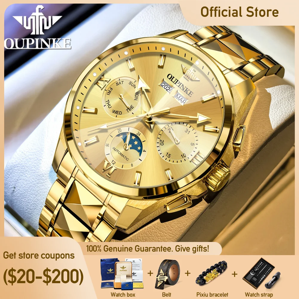 

OUPINKE 3325 Brand Men Mechanical Watch Calendar Window Night Light Function Tungsten Steel Bracelet 50m Waterproof Watch