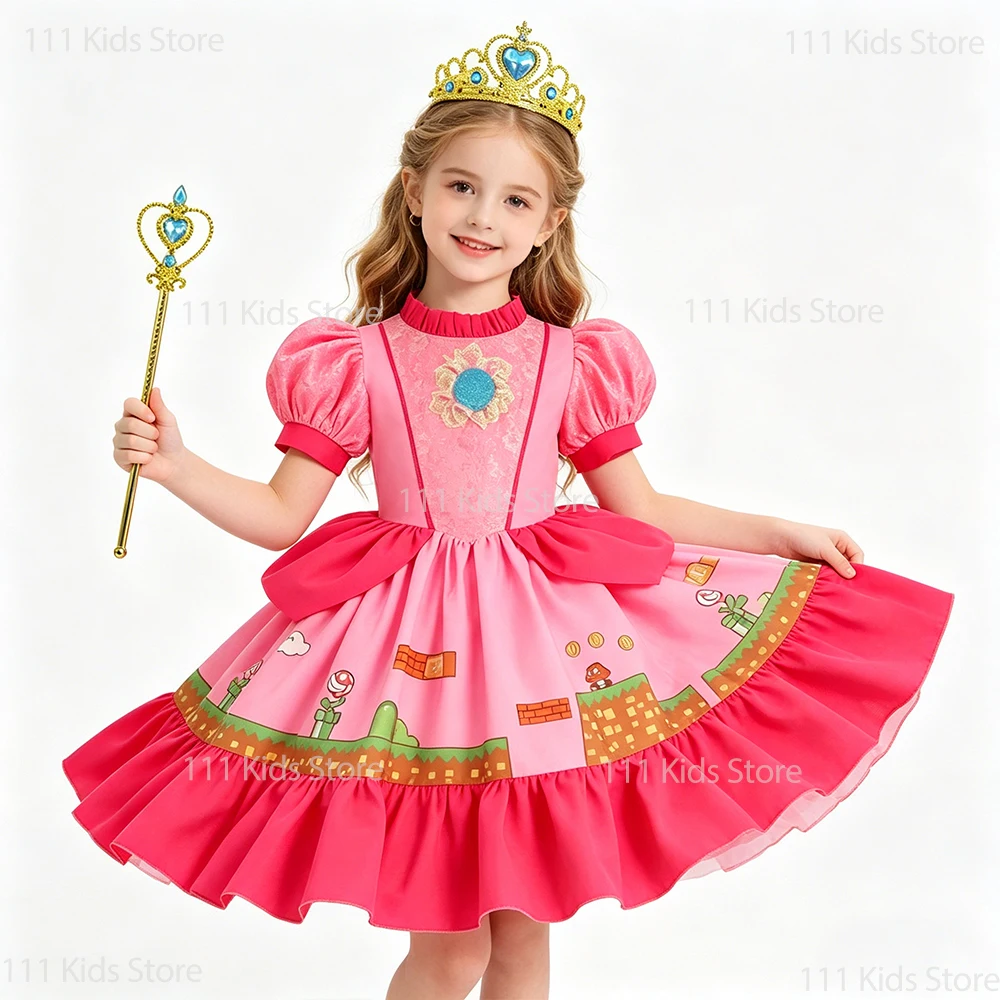 Movie Princess Peach Cosplay Costume with Accessory Carnival Perform Outfit Children Birthday Gift Girls Summer Party Dresses