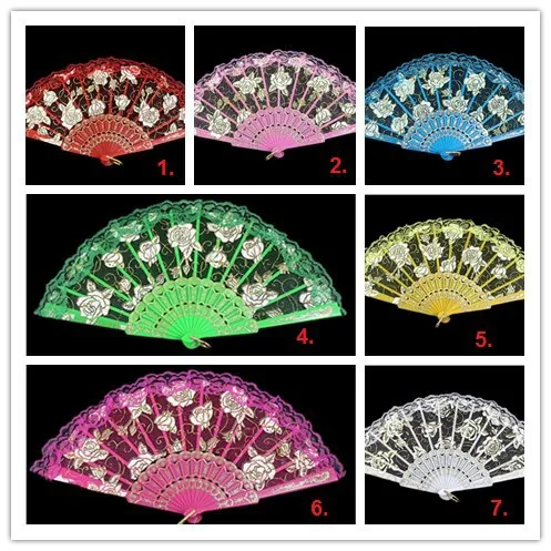 7 Colors DHL 100pcs / Lot Spanish-style Rose Flower Design Plastic Frame Lace Silk Hand Fan, Chinese Craft Folding Fan