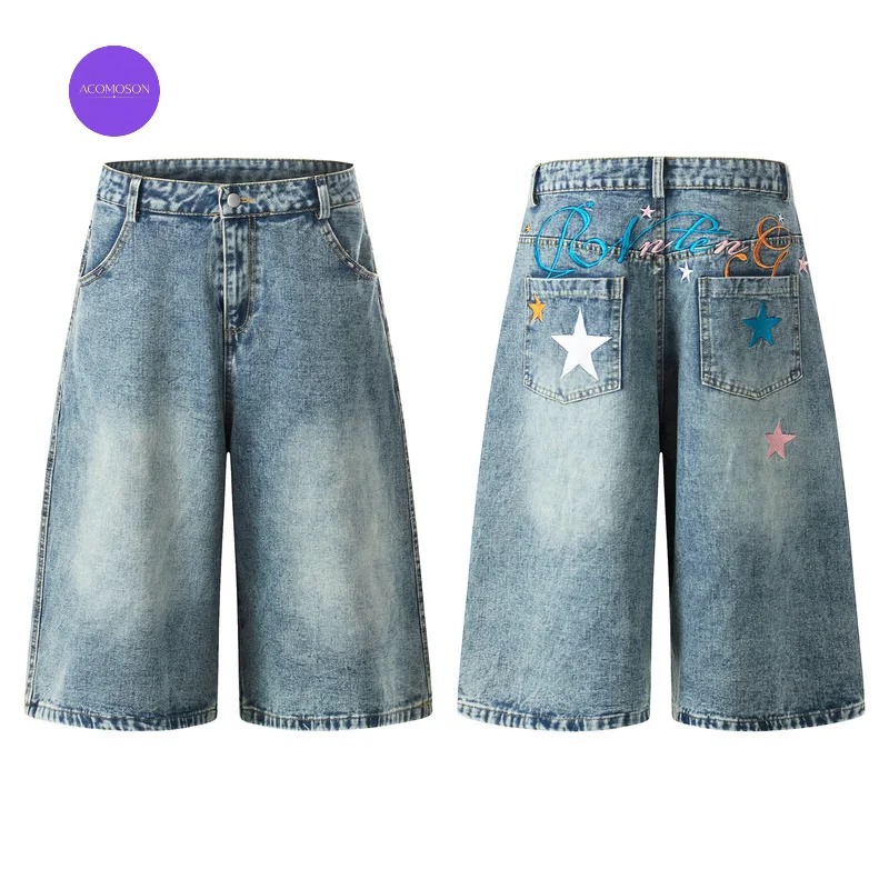 ACOMOSON EU US Size Retro Washed Denim Cropped Pants Unisex Loose-Fitting Wide-Leg Travel Holiday Casual Shorts