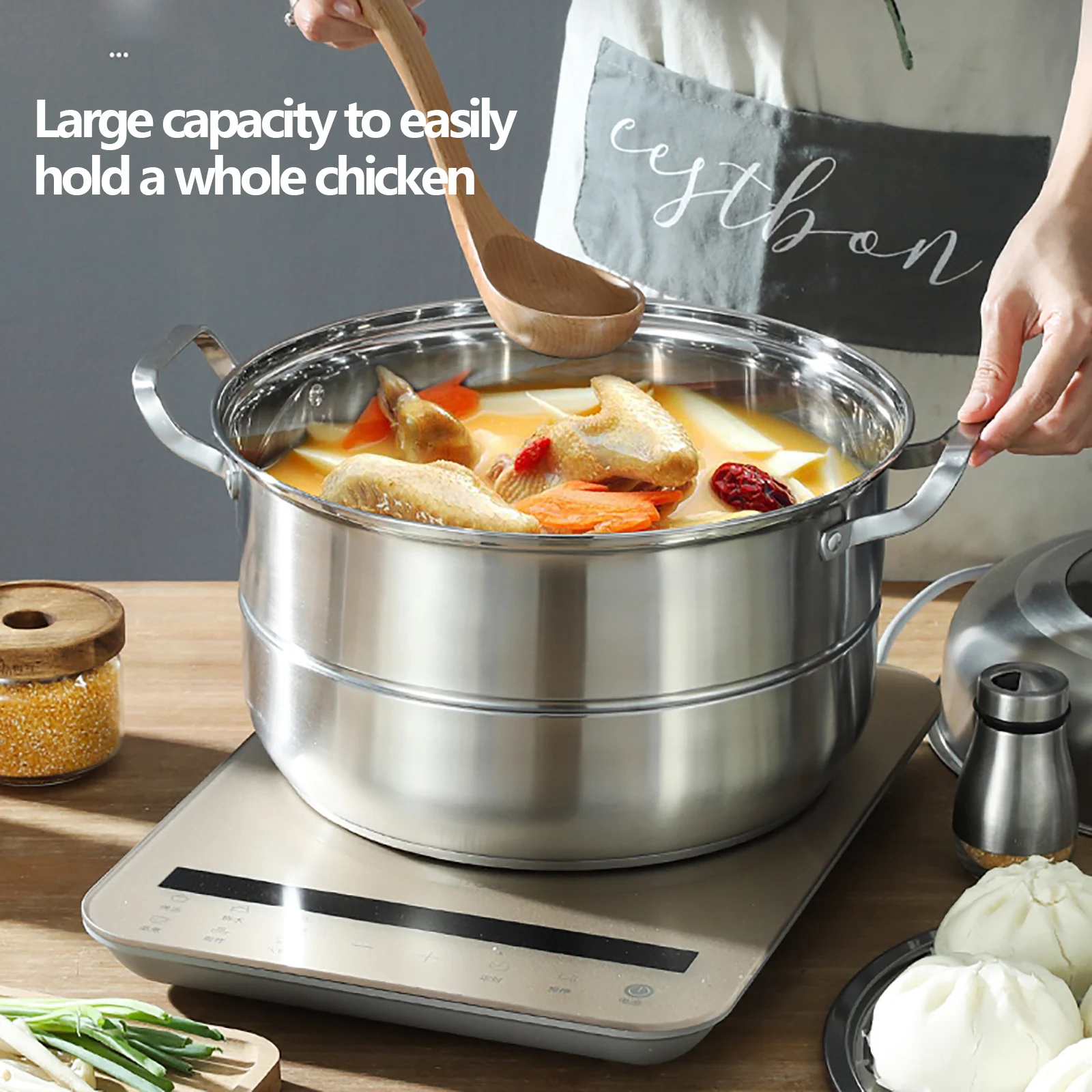 

32CM 5-storey Steamer Stainless Steel Pressure Stackable Cooker Steam Cooking Soup Pot With Glass Lid