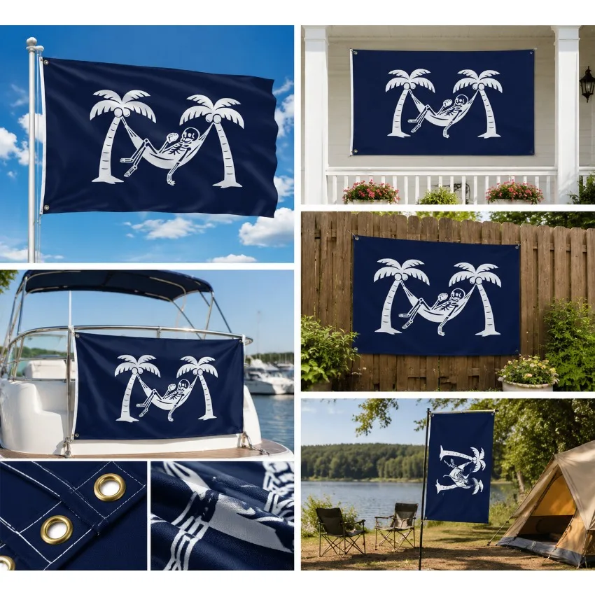 Skeleton Beach Flag Double Sided Outdoor Garden Flag, Summer Beach House Decor, Lake House Nautical Banner, Boat Yard Decoration
