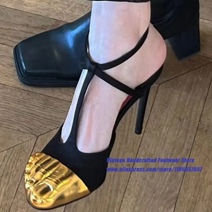 3D Metallic Gold Toe Shape Design Mules Slippers Black Satin Slip-On High Heel Slippers Party ﻿Shoes Sandalias De Mujer Verano