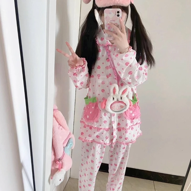 2025 New Women's Loungewear Cute Animal Print Long-sleeved Top Strawberry Floral Sweet Trousers Age Reduction Pajama Suit Ladies