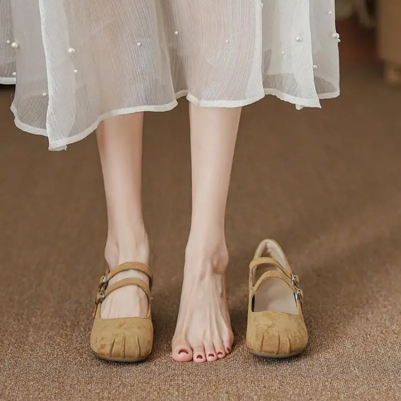 Suede Double-Strap Mary Jane Shoes, Split-Toe Square Toe Shallow Pumps, Gentle Retro Flat Shoes for Women view 2